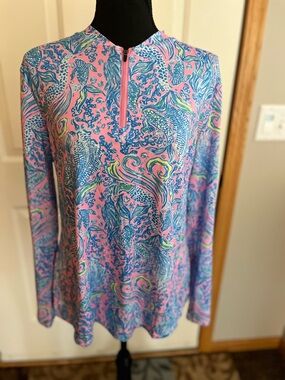New Soneven golf tennis long sleeve stand collar 1/4 zip pink  blue shirt large